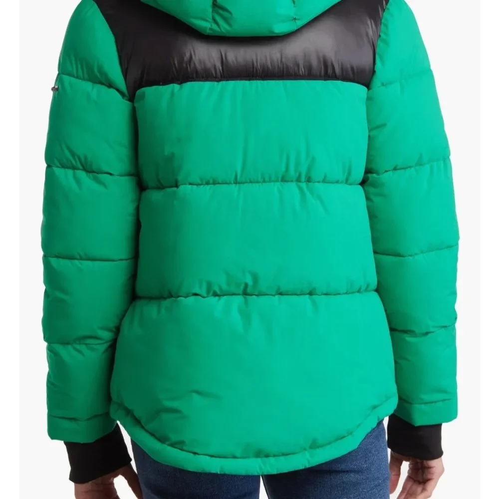 BCBGeneration Size XL Colorblock Hooded Puffer Jacket Kelly Green NWT $228